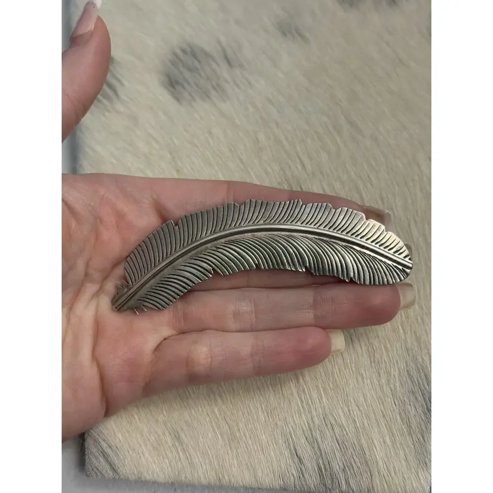 Vintage 3.5” Lorencita Garcia Santo Domingo Sterling Silver Feather Pin Brooch